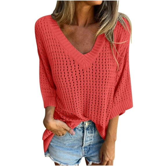AherBiu Plus Size Tops for Women Crochet Knitted Hollow out 1/2 Sleeve V Neck Pullover Top Shirts Beachwear