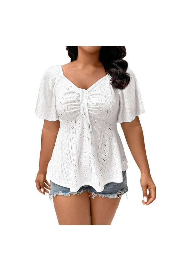 Plus Size Tops for Women Dressy Casual Blouse Eyelet Hole Summer Boho Shirts Short Sleeve Drawstring Low Cut V Neck Tunic