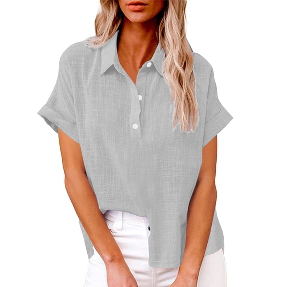 AherBiu Plus Size Tops for Women Half Button Lapel V Neck Short Sleeve Cotton Linen Shirts Lightweight Summer Casual Blouse