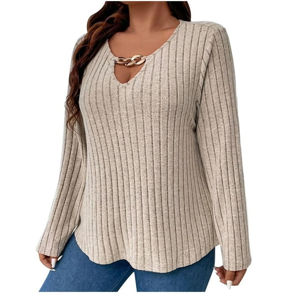 AherBiu Plus Size Tops for Women Keyhole Neck Long Sleeve Ribble Knitted Sweater Pullover Tops Blouse