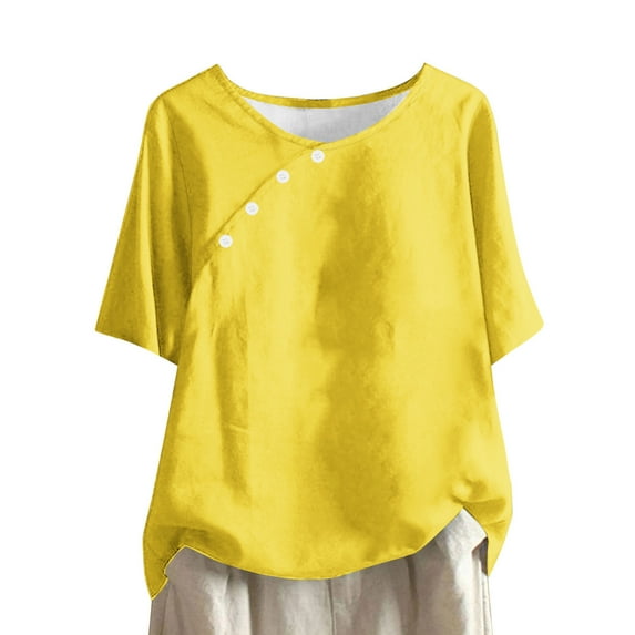 AherBiu Plus Size Tops for Women Linen Short Sleeve Summer Casual Lightweight Shirts Blouse Solid Color