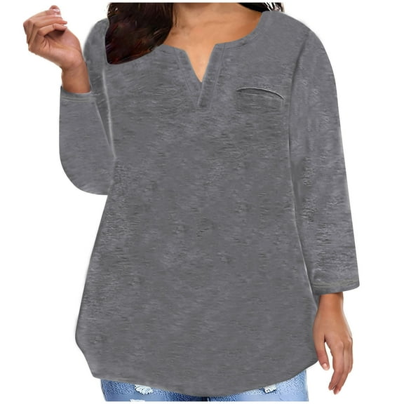 AherBiu Plus Size Tops for Women Long Sleeve Oversized Tees Notch V Neck Basic Fall Casual Loose T Shirts