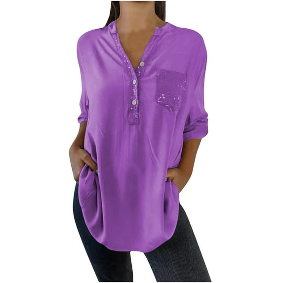 AherBiu Plus Size Tops for Women Oversized Half Button V Neck 3/4 Sleeve Length Womens Tops Shirts