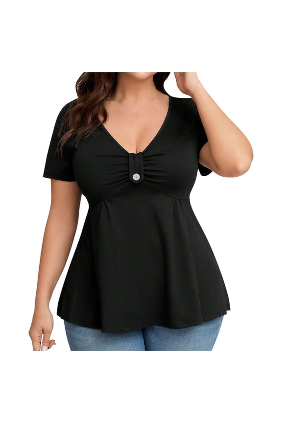 Plus Size Tops for Women Peplum Ruffle Dressy Casual Blouse Front Knotted V Neck Short Sleeve Cute T-Shirts