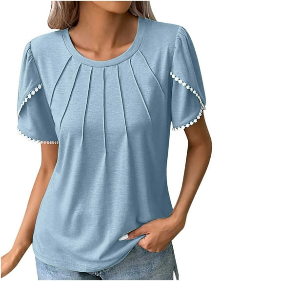 AherBiu Plus Size Tops for Women Petal Short Sleeve Crewneck Ruched Comfy Tunic Tops Shirts Blouse