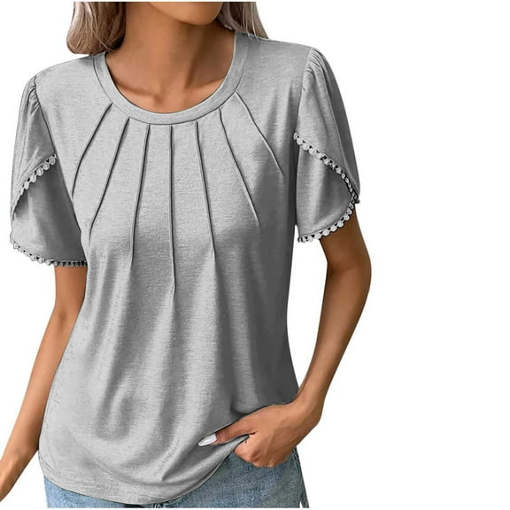 AherBiu Plus Size Tops for Women Petal Short Sleeve Crewneck Ruched Comfy Tunic Tops Shirts Blouse