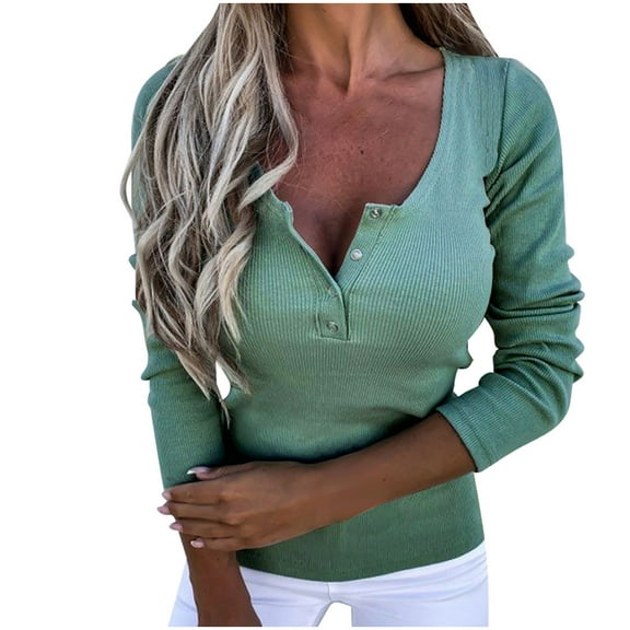 AherBiu Plus Size Tops for Women Ribbed Long Sleeve Button Notch V Neck Blouse Shirts Going out Tops