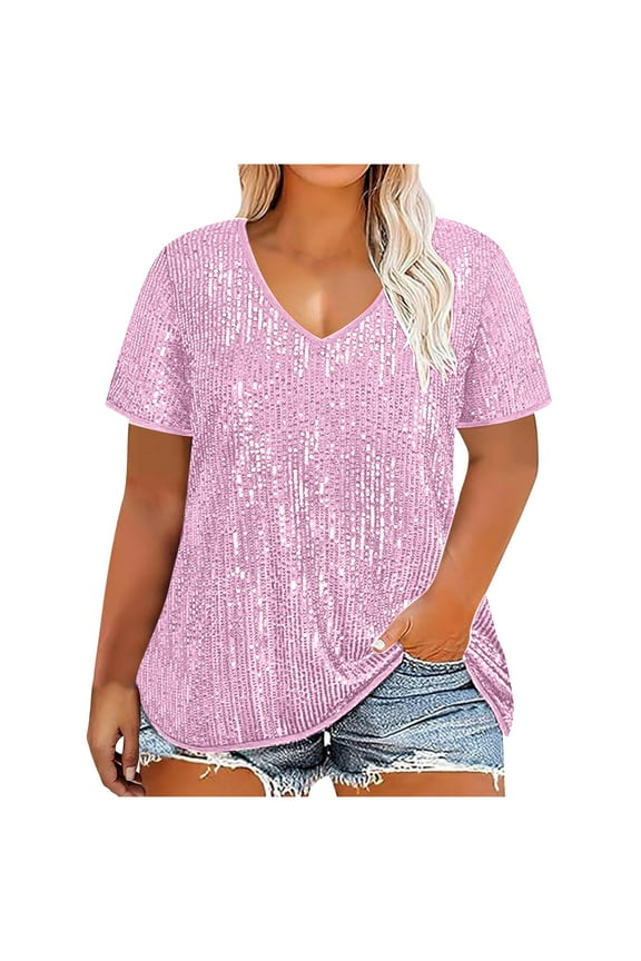 Plus Size Tops for Women Sequin Party Shirts V Neck Loose Fitted Short Sleeve Sparkly Blouse
