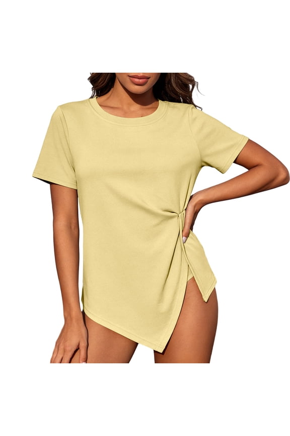 Plus Size Tops for Women Short Sleeve Crewneck Slit Twisted Asymmetric Hem Plain Top Tees Tshirt