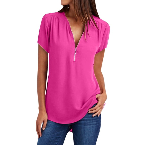 AherBiu Plus Size Tops for Women Short Sleeve Half Zipper V Neck Summer Casual Tunic Top Shirts Blouse