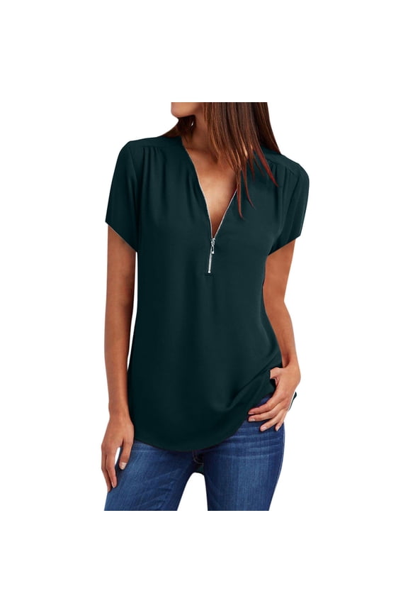 Plus Size Tops for Women Short Sleeve Half Zipper V Neck Summer Casual Tunic Top Shirts Blouse