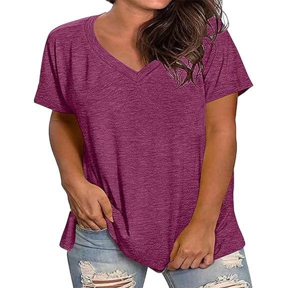 AherBiu Plus Size Tops for Women Short Sleeve V Neck Summer Casual Loose Fitted Comfy Tshirt Plain Tees Dailywear