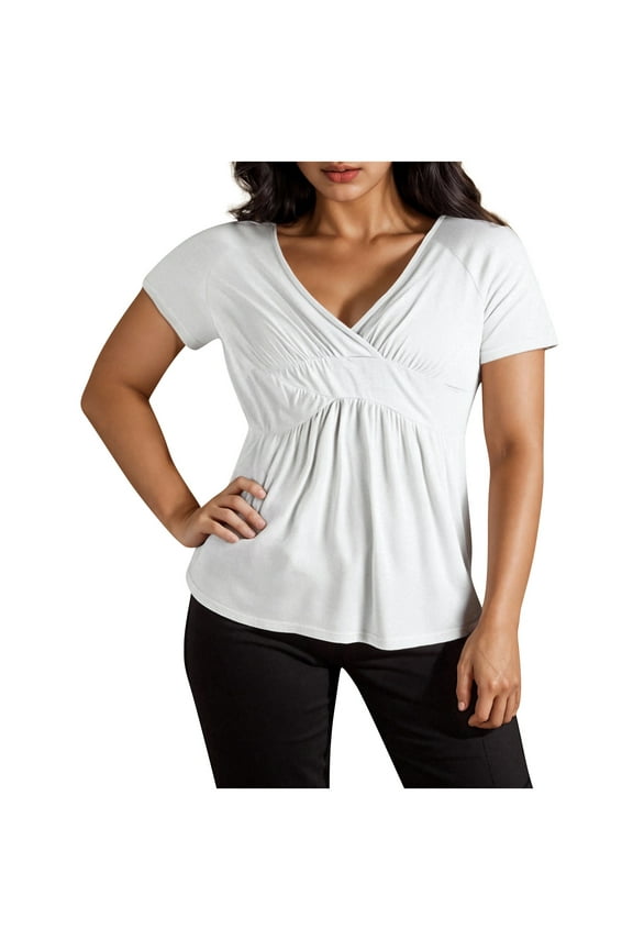 Plus Size Tops for Women Short Sleeve Wrap Deep V Neck Shirt Blouse Summer Casual Tunic Tops to Wear with Leggings