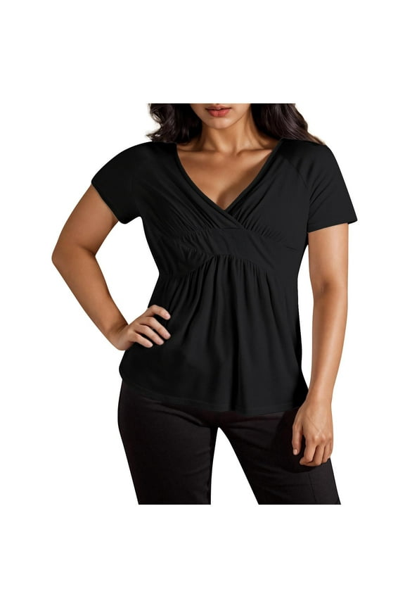 Plus Size Tops for Women Short Sleeve Wrap Deep V Neck Shirt Blouse Summer Casual Tunic Tops to Wear with Leggings