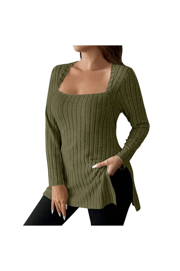 Plus Size Tops for Women Square Neck Long Sleeve Ribble Knitted Side Slit Casual Loose Tunic Shirt Blouse