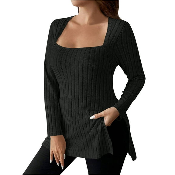 AherBiu Plus Size Tops for Women Square Neck Long Sleeve Ribble Knitted Side Slit Casual Loose Tunic Shirt Blouse