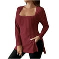 thumbnail image 1 of AherBiu Plus Size Tops for Women Square Neck Long Sleeve Ribble Knitted Side Slit Casual Loose Tunic Shirt Blouse, 1 of 8