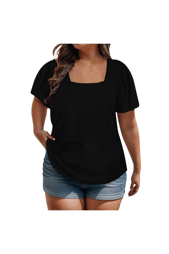 Plus Size Tops for Women Square Neck Short Sleeve Comfy Basic Top Tees Summer Casual Loose Blouse