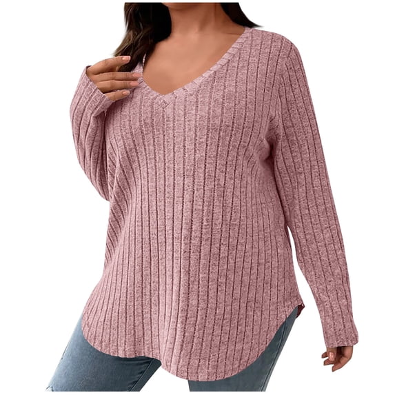 AherBiu Plus Size Tops for Women Thermal Warm Basic Layer Tops V Neck Long Sleeve Ribbed Tshirts