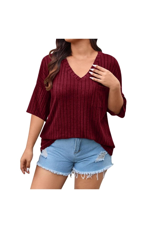 Plus Size Tops for Women V Neck Ribble Knitted Short Sleeve Drop Shoulder Summer Casual Loose Shirts Blouse