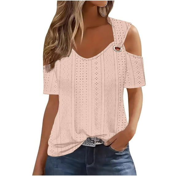 AherBiu Plus Size Tops for Women off Shoulder Eyelet Short Sleeve Summer Beach Wear T Shirts Blouse
