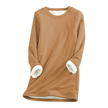 AherBiu Plus Size Winter Tops for Women Fleece Lined Basic Pullover Tops Thermal Warm Crewneck Long Sleeve Top T Shirt