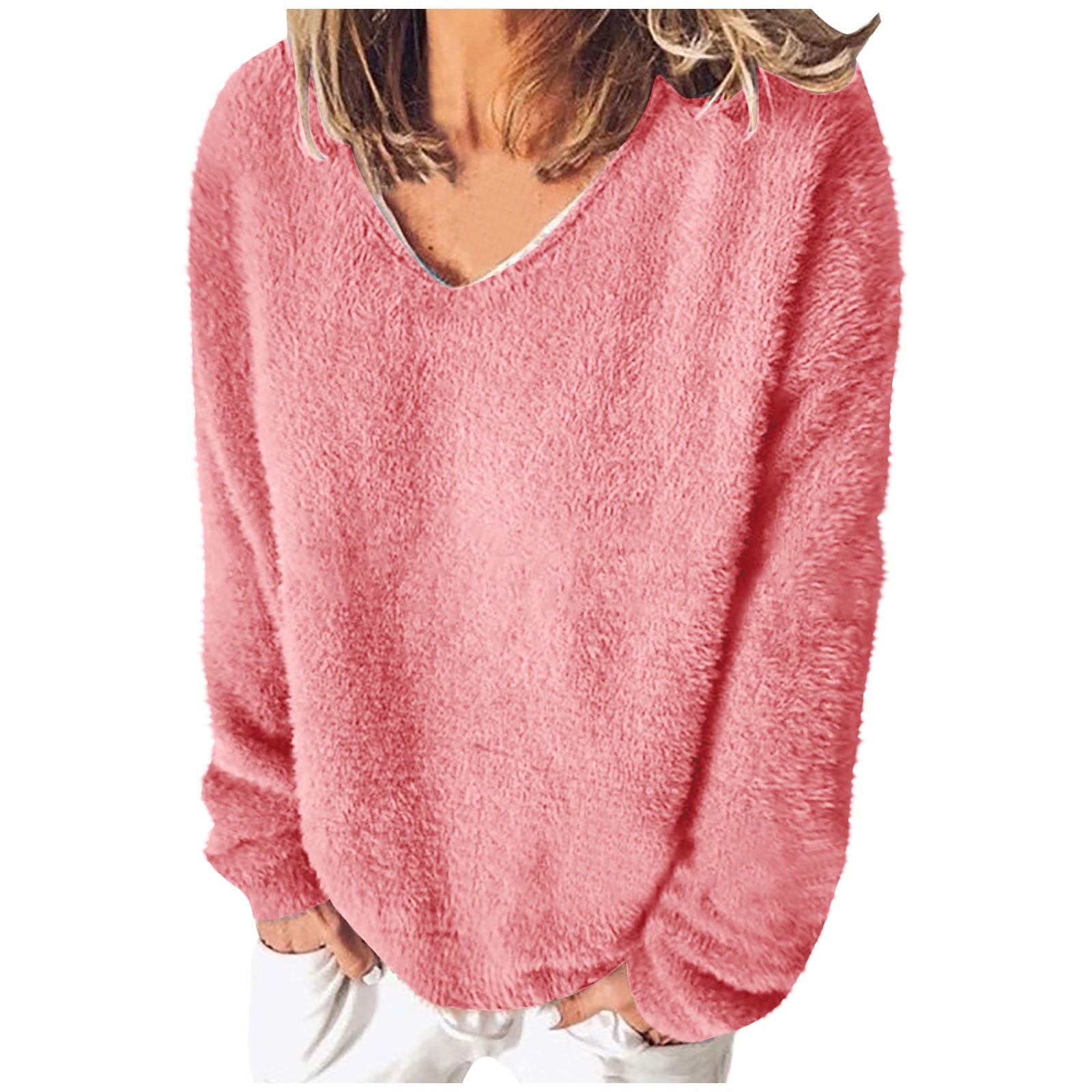 AherBiu Plus Size Winter Tops for Women Fleece Plush V Neck Pullover ...