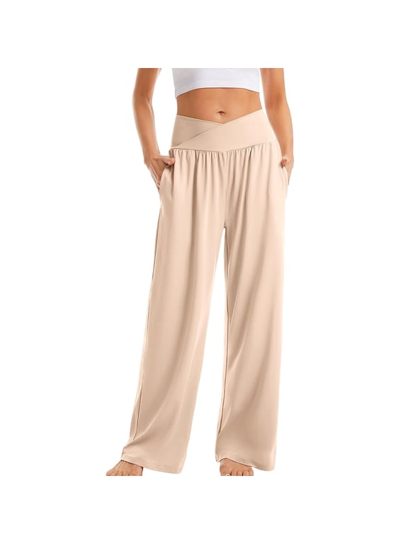 Plus Size Yoga Pants for Women Wrap V Waist Straight Leg Comfy Lounge Trousers Slacks Solid Color