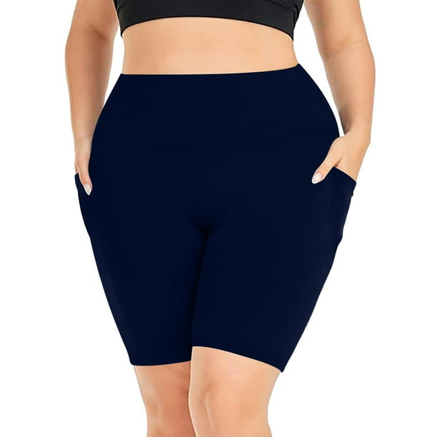 AherBiu Plus Size Yoga Short Leggings for Women High Waisted Workout Bikers Gym Shorts with Pockets