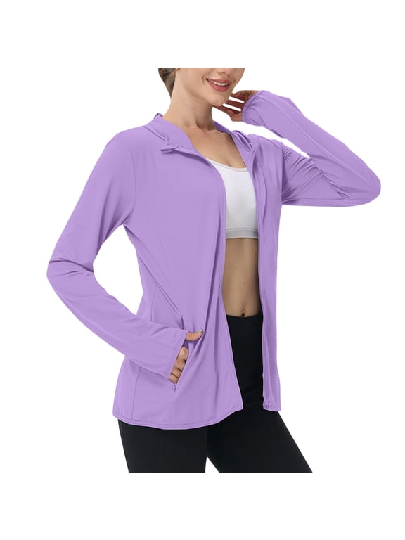Women's Athletic Jacket Sunproof Hooded Long Sleeve Shirts Zip up Hiking Lightweight Jackets with Pockets