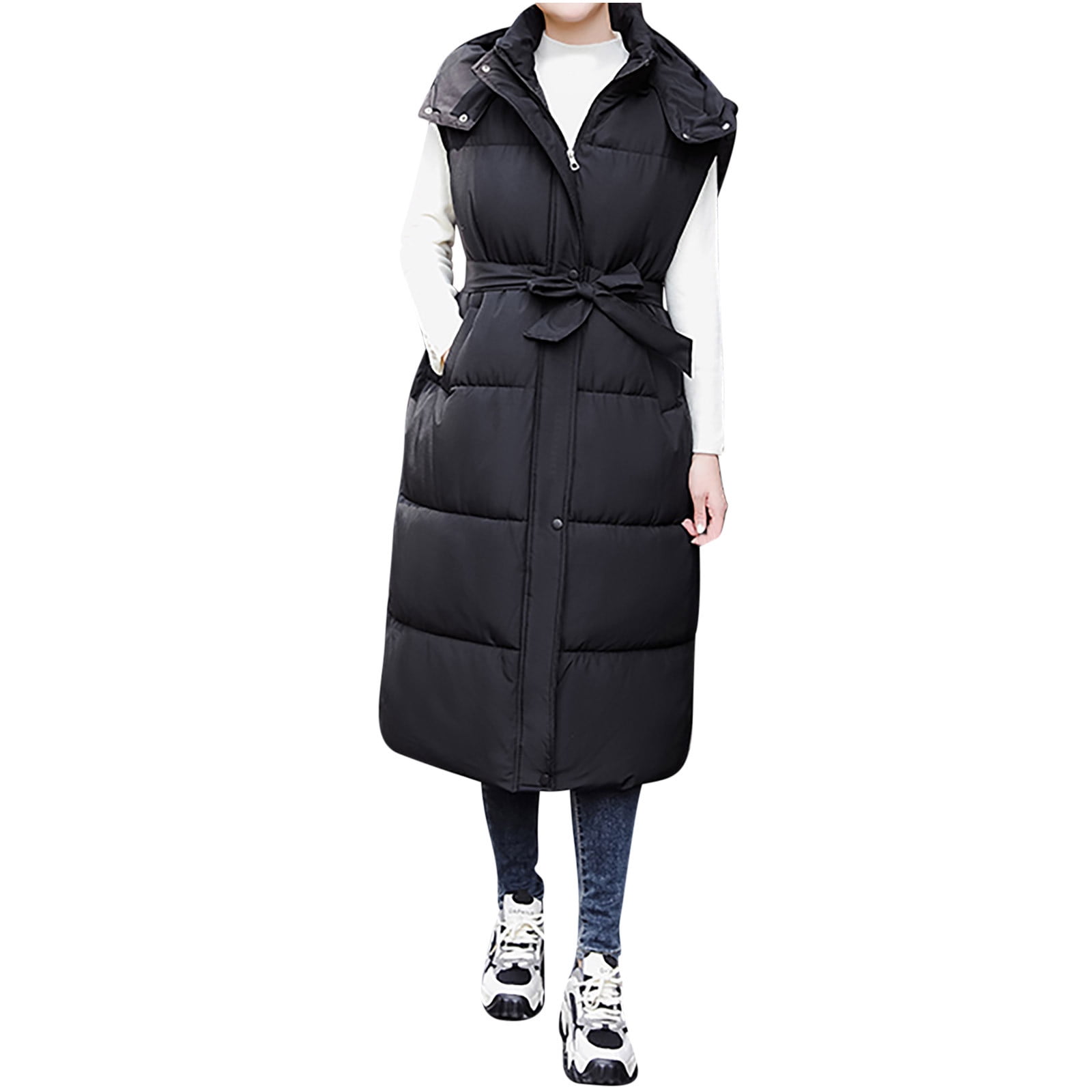 AherBiu Puffer Vest for Women Zip up Tie Waisted Stand Collar