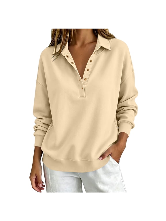 Quarter Button Sweatshirt for Women Lapel V Neck Raglan Long Sleeve Tops Casual Lightweight Fleece Lined Pullover(X-Large,Khaki)