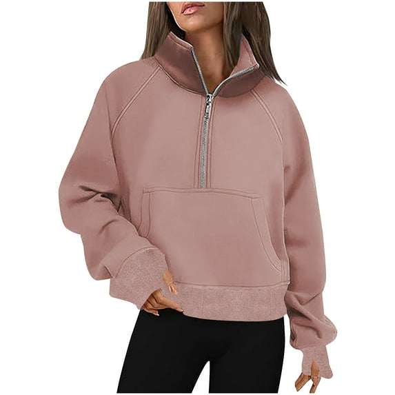 AherBiu Quarter Zip up Sweatshirts for Women Stand Collar Pullover Oversized Long Sleeve Tops with Pocket