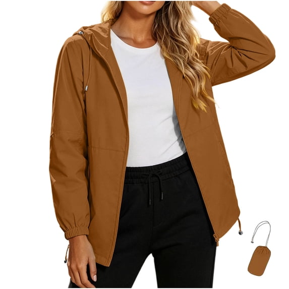 AherBiu Rain Jacket Women Packable Raincoats Long Sleeve Zip-Up Hooded Lightweight Softshell Jacket(XX-Large,Brown)