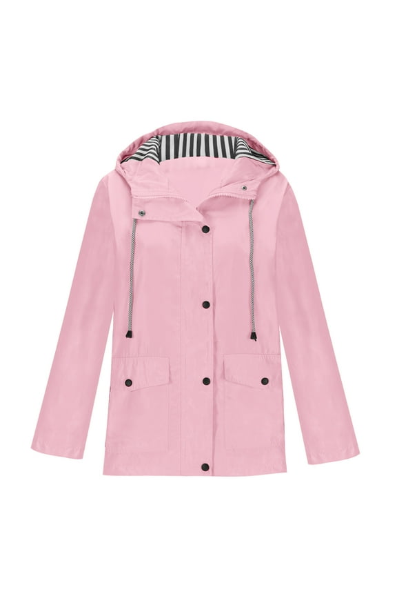 Rain Jacket Women Plus Size Windbreaker Button Zip up Hooded Lightweight Waterproof Coat with Pockets