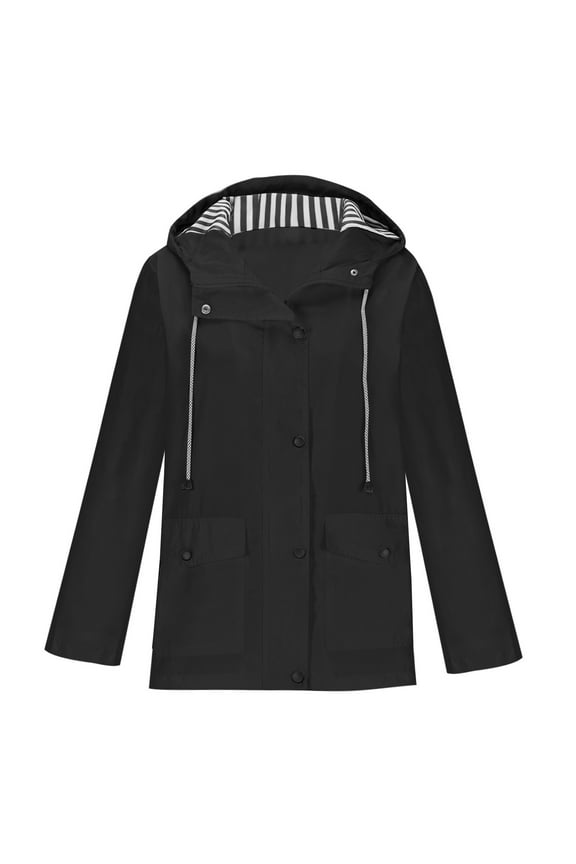 Rain Jacket Women Plus Size Windbreaker Button Zip up Hooded Lightweight Waterproof Coat with Pockets
