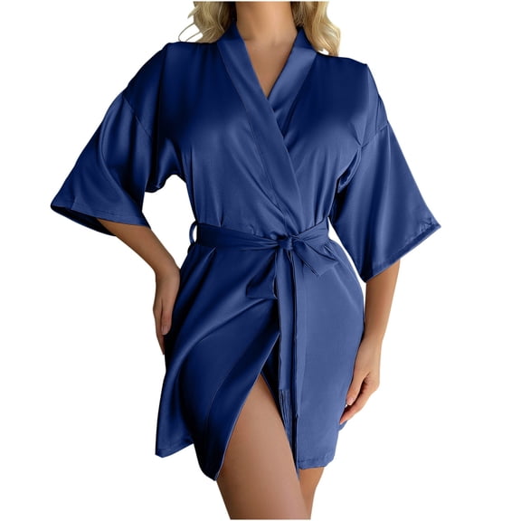 AherBiu Satin Bathrobe for Women Open Front Pajamas Robe Nightgown Silk Sleepwear Dress with Belt
