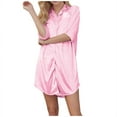 thumbnail image 1 of AherBiu Satin Dresses for Women Button down Shirt Dress Lapel V Neck Pajamas Sleepwear Bathrobe Short Dress, 1 of 6