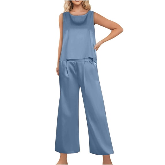 AherBiu Satin Pajamas Sets for Women Tank Tops and Pants 2 Piece Silk Cozy Sleepwear Loungewear Set