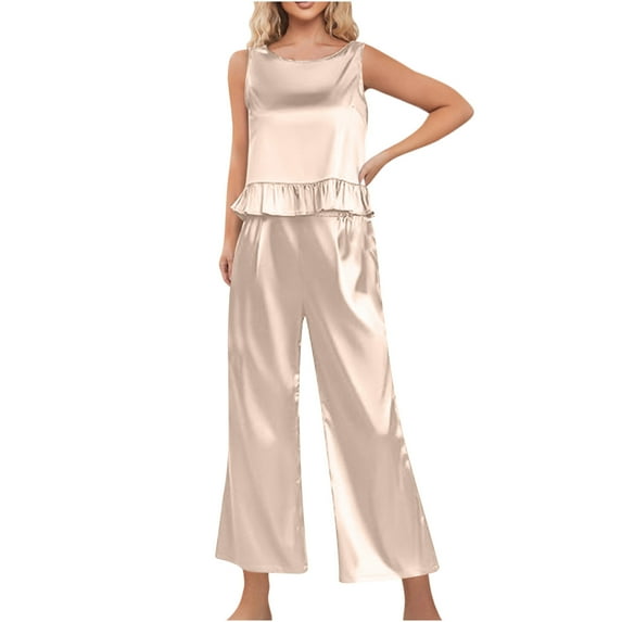 AherBiu Satin Pajamas Sets for Women Tank Tops and Pants 2 Piece Silk Cozy Sleepwear Loungewear Set