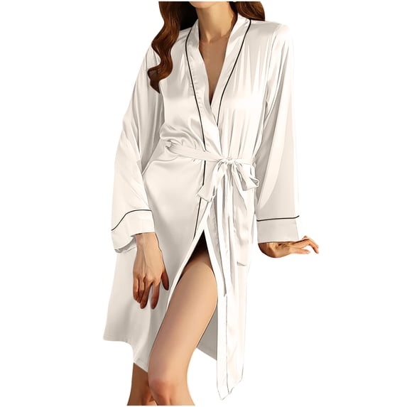 AherBiu Satin Pajamas for Women Long Sleeve Bathrobes Ladies Belted Night Robe Sleepwear Pjs