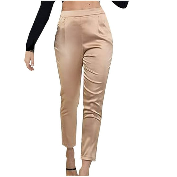 AherBiu Satin Pants for Women Elastic High Waisted Straight Leg Elegant Ladies Dressy Casual Trousers