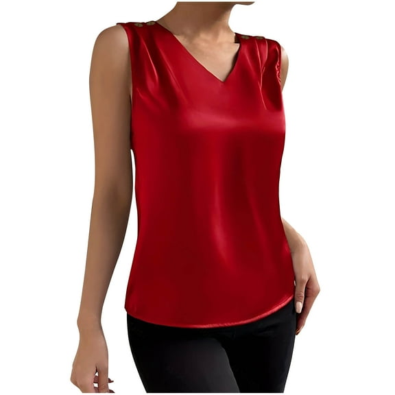 AherBiu Satin Tank Tops for Women Button Shoulder V Neck Sleeveless Elegant Ladies Cute Camisole Shirts