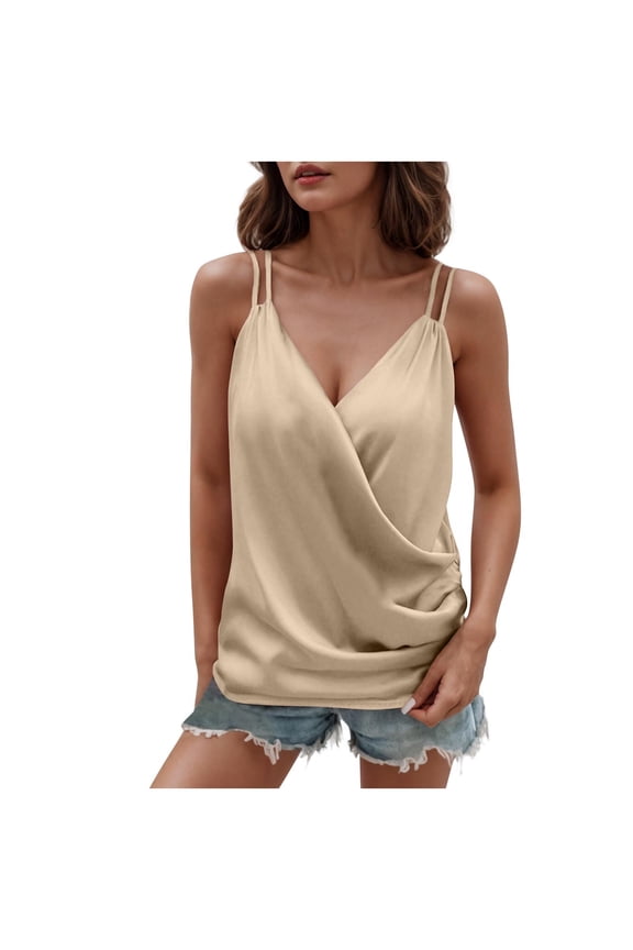 Satin Tank Tops for Women Wrap Deep V Neck Elegant Ladies Sleeveless Shirts Blouse with Adjustable Strap