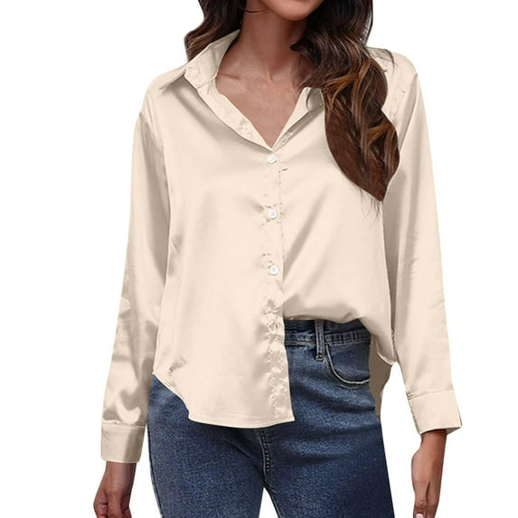AherBiu Satin Tops for Women Button down Shirts Long Sleeve Lapel V Neck Ladies Dressy Casual Blouse