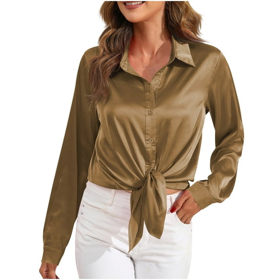 AherBiu Satin Tops for Women Dressy Casual Button down Shirts Lapel V Neck Long Sleeve Elegant Ladies Party Blouse