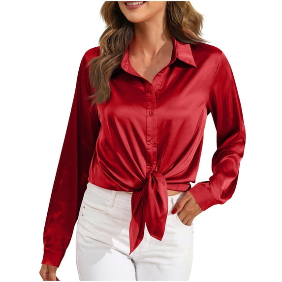 AherBiu Satin Tops for Women Dressy Casual Button down Shirts Lapel V Neck Long Sleeve Elegant Ladies Party Blouse
