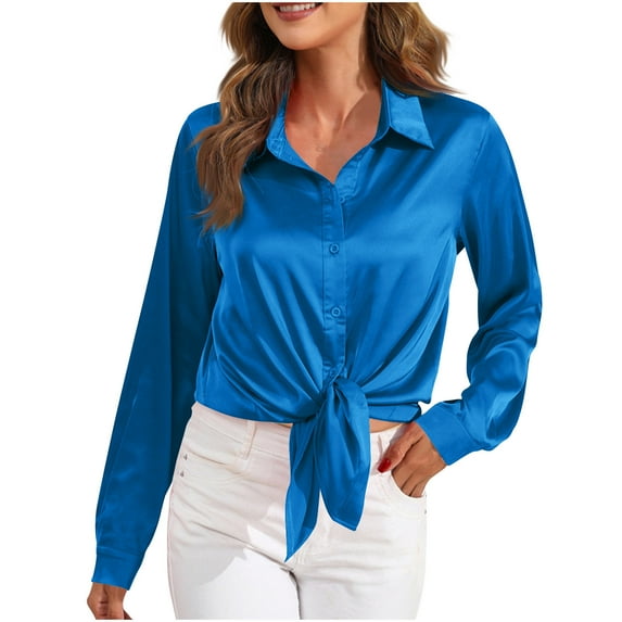 AherBiu Satin Tops for Women Dressy Casual Button down Shirts Lapel V Neck Long Sleeve Elegant Ladies Party Blouse