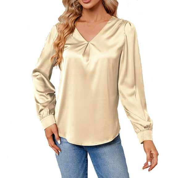 AherBiu Satin Tops for Women Dressy Casual Long Sleeve Shirt Elegant Ladies V Neck Formal Tops Blouse