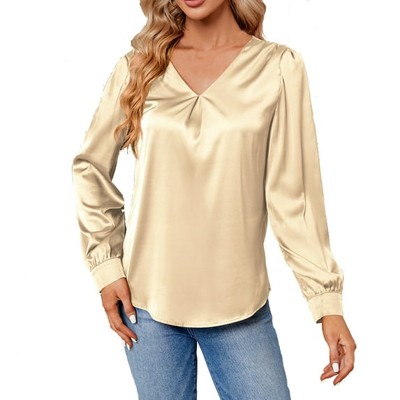 AherBiu Satin Tops for Women Dressy Casual Long Sleeve Shirt Elegant Ladies V Neck Formal Tops Blouse